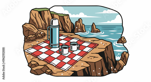 A coastal picnic with a thermos and cups set on a blanket atop rocky cliffs