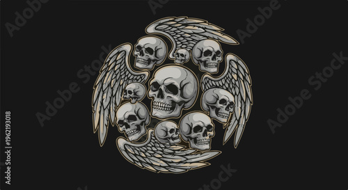 A circular arrangement of human skulls with feathered wings