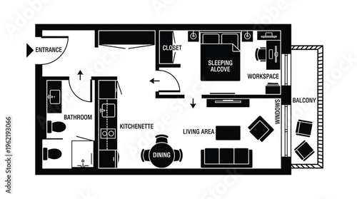 Detailed black and white floor plan of a modern living space with labeled rooms and furniture