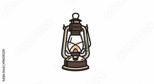 A brown, vintage style kerosene lantern with a glowing flame