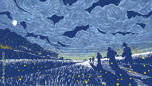 Hand drawn Japanese farmland at night with fireflies. Vintage woodcut style featuring silhouettes of farmers, a moonlit starry sky, and swirling clouds. Atmospheric artisan landscape.
