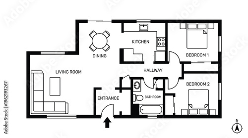 Detailed black and white residential floor plan with labeled rooms and furniture layout