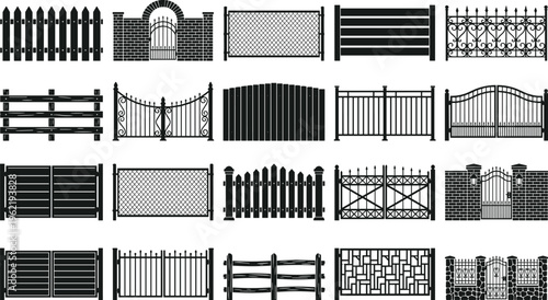 Fence and gate silhouette vector illustration, twenty designs including picket, wrought iron, lattice, slat, and stone wall styles - flat vector illustration