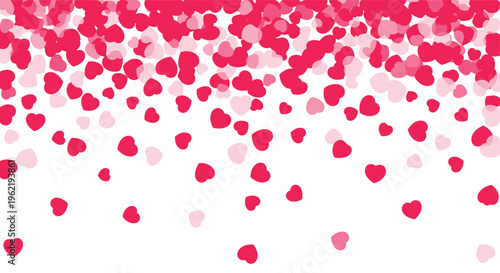 Romantic background featuring a cascade of pink and red heart-shaped confetti falling from the top onto a white surface.