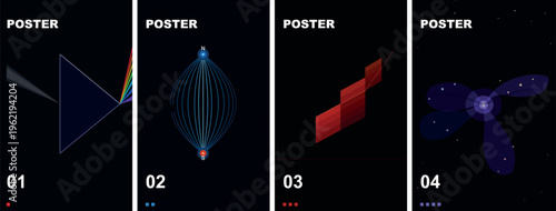 Abstract physics and science themed poster set with prism refraction pendulum motion tessellation and satellite for educational design