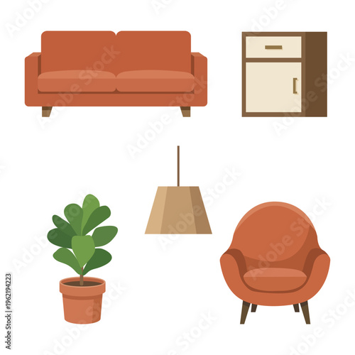 Modern living room set with orange sofa sideboard and indoor plant decor