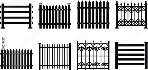 Fence silhouette icon set featuring eight styles including picket, wrought iron, horizontal slats, and decorative barriers for architecture, landscaping, and property boundary design