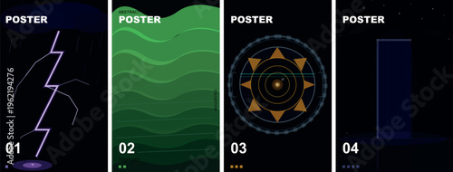 Abstract dark poster template set featuring lightning bolt waves mandala and minimal shapes for creative event and music promotions