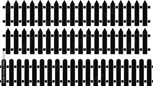 Fence silhouette illustration set, diverse picket designs including pointed and rounded tops representing outdoor architecture theme - flat vector illustration