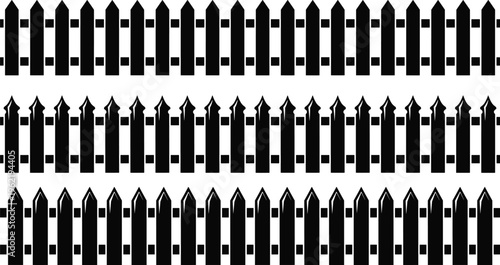 Fence silhouette illustration set, diverse picket designs including pointed, ornate and polished tops representing outdoor architecture theme - flat vector illustration