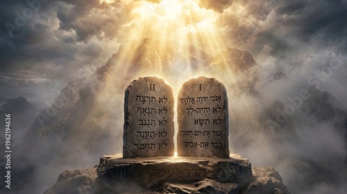 Divine revelation of the ten commandments on stone tablets atop a mountain peak bathed in sacred golden sunlight rays breaking through dramatic storm clouds symbolizing divine law faith morality