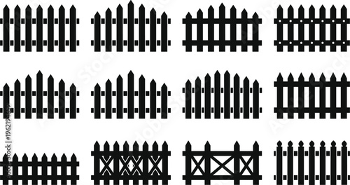 Fence silhouette set, diverse decorative and architectural styles including picket, lattice, pointed, and rounded forms - flat vector illustration
