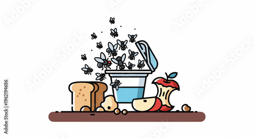 A collection of flies swarming around a open container of water with food scraps