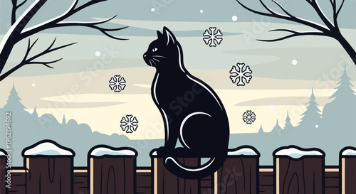 A black cat sits on a snow-covered fence during a gentle snowfall