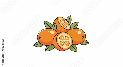 A cluster of cartoon-style kumquats, some whole, some sliced, with leaves