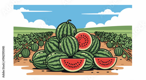 A bountiful harvest of watermelons in a field under a cloudy sky