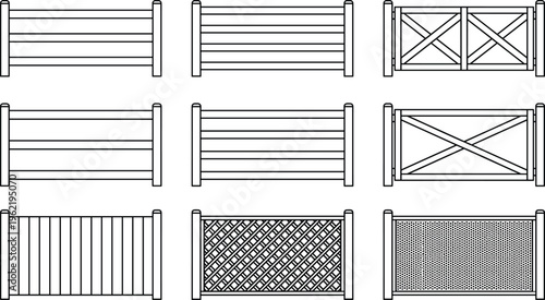 Fence silhouette vector illustration, nine designs including rail, picket, lattice, and cross-braced styles for garden, yard, and property boundaries - flat vector illustration