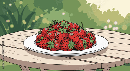 A bountiful pile of ripe strawberries rests on a white plate outdoors