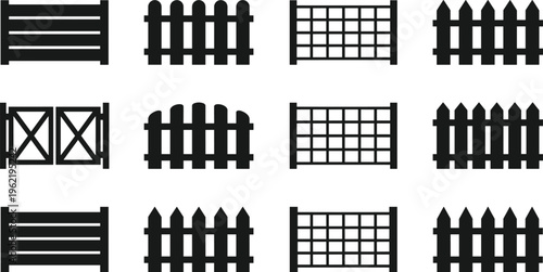 Fence silhouette vector illustration, twelve fence designs including picket, lattice, and slat styles for garden, yard, and property boundaries - flat vector illustration