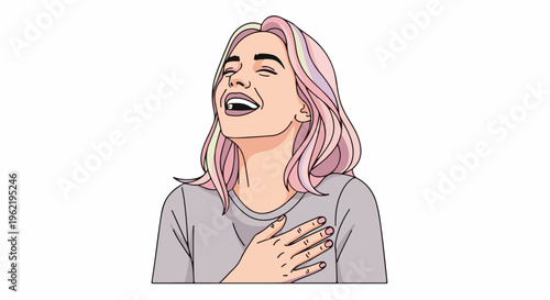A cartoon woman with pastel dyed hair laughs with her eyes closed