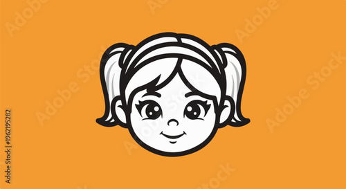 A cartoonish depiction of a young girl's face with pigtails on an orange background