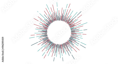 Abstract circular sunburst pattern composed of thin teal and maroon lines radiating from a central white space for a dynamic and creative design.
