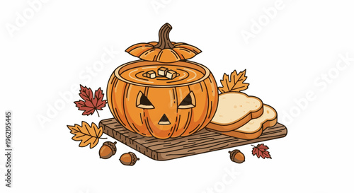 A carved pumpkin with soup and bread, surrounded by autumn leaves and acorns