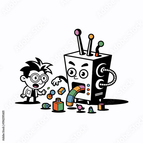 Boy Repairing Colorful Broken Television Cartoon