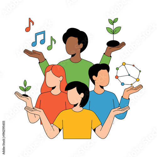 Diverse People Holding Plants Music Notes Molecule Symbolizing Unity