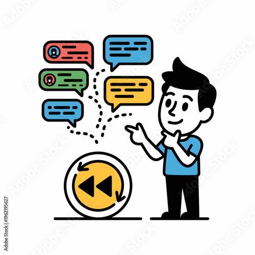 Man Talking with Speech Bubbles and Play Button