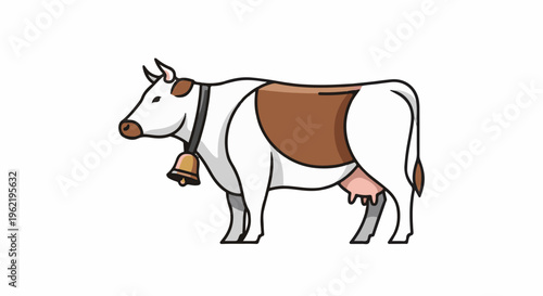 A cartoon cow with brown patches and a bell on a white background