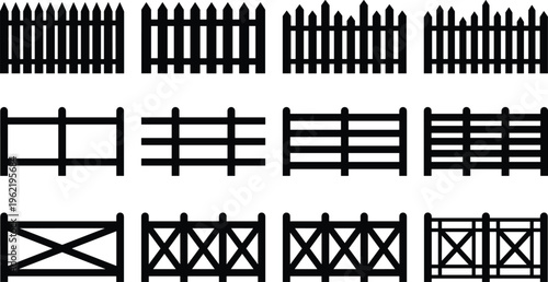 Fence silhouette vector illustration, twelve fence designs including picket, rail, and decorative cross-braced styles for architecture and landscaping - flat vector illustration