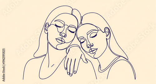 Two women drawn in a single line art style resting together.