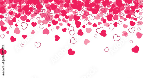 Romantic background with many pink and red hearts falling from the top on a plain white field for Valentine's Day, weddings, or love greetings.