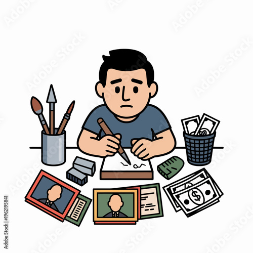 Frustrated Man Creating Fake Id Cards with Money and Art Supplies