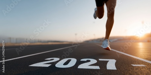 Man Running Toward The Year 2027 On A Track With Sunrise Background