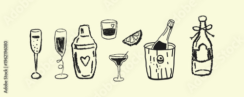 Hand drawn sketch of alcoholic cocktails and daiquiri barware essentials