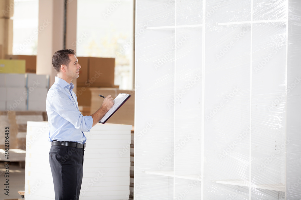 Ταπετσαρία Warehouse manager or logistics supervisor writing on a clipboard while inspecting wrapped furniture or goods for shipment in a distribution center