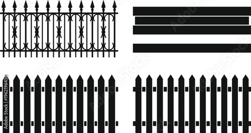 Fence silhouettes, gate icons, decorative barrier shapes, outdoor architecture, wooden fence design elements, wrought iron fences, property boundary art, flat vector illustration