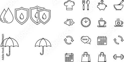 Line icons set with insurance protection food kitchen shopping and daily life elements minimal vector illustration isolated on white background