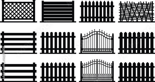 Fence silhouettes, gate icons, decorative barrier shapes, outdoor architecture, wooden fence design elements, wrought iron gates, property boundary art, flat vector illustration