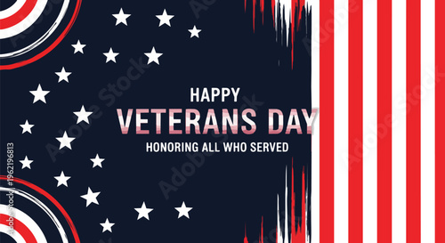 Patriotic design with stars and stripes elements, Happy Veterans Day message honoring all who served, concept for patriotic event, military appreciation and national holiday.