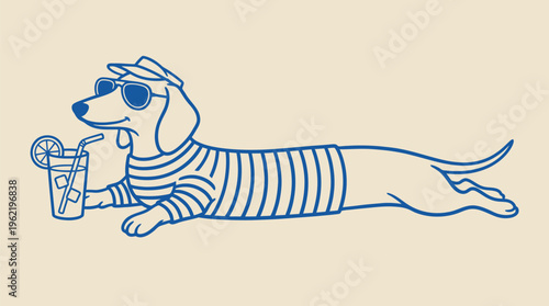 Relaxed dachshund enjoying cold drink representing summer lifestyle leisure and vacation mood concept for casual relaxation branding and fun illustration design