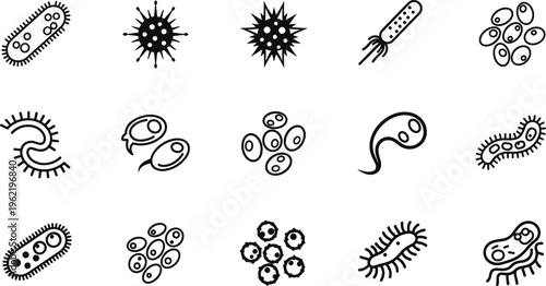 Microorganism icons set with bacteria virus shapes, medical microbiology illustration for science research healthcare biology education and laboratory analysis design