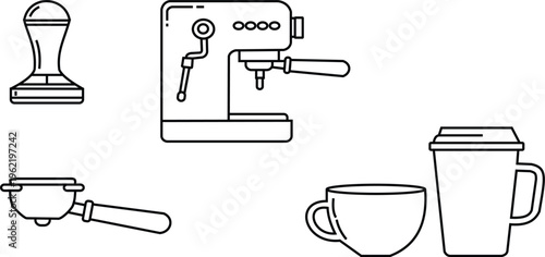 Collection of coffee making tools including espresso machine, tamper, portafilter, coffee cup, and takeaway cup, perfect for cafe or home brewing illustrations