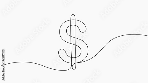Minimalist continuous line drawing of a dollar sign representing finance wealth and economic growth on a clean white background