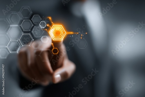 Blockchain network concept with businessman selecting secure digital connection interface,Digital network connection with blockchain structure and secure data interface,Secure network architecture