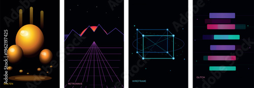 Retro synthwave and cyberpunk poster template set with wireframe grid mountains and glitch effects for nostalgic digital design