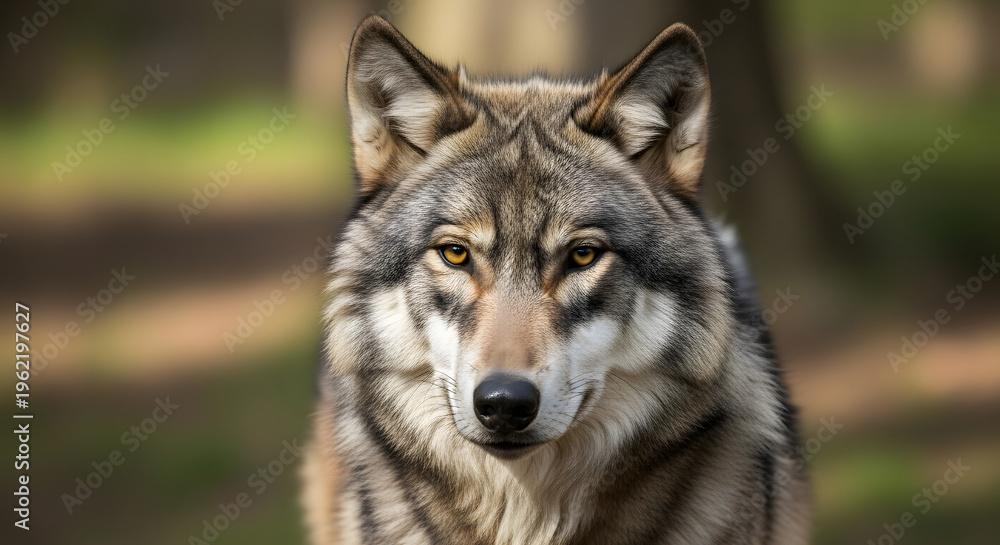 Obraz premium A close-up portrait of a wolf in a natural forest environment, looking directly at the camera.