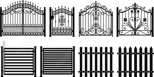 Fence silhouettes, gate icons, decorative barrier shapes, outdoor architecture, wrought iron gates, wooden fence design elements, property boundary art, flat vector illustration
